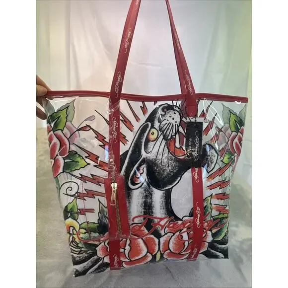 NEW Ed Hardy Black Panther Large Tote Bag Women's Clear Red Beach Party Bag PVC Totes